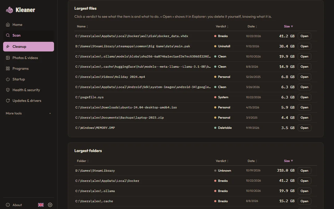 Kleaner — largest files, each with its verdict