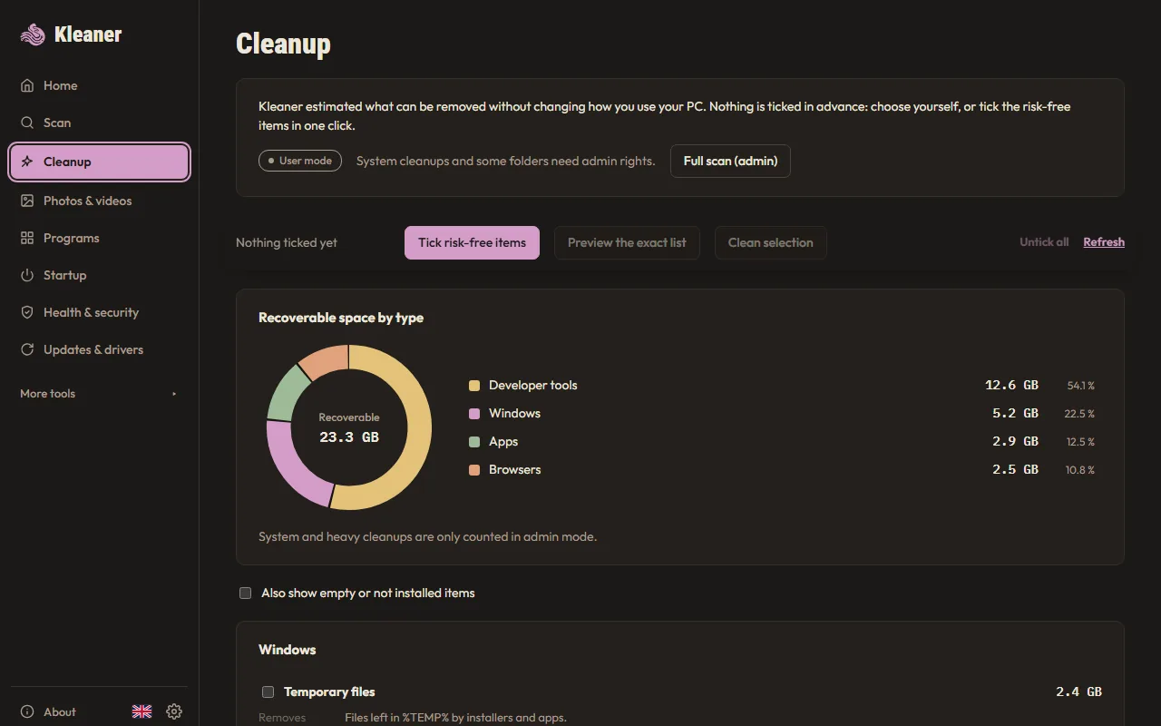 Kleaner — recoverable space by type