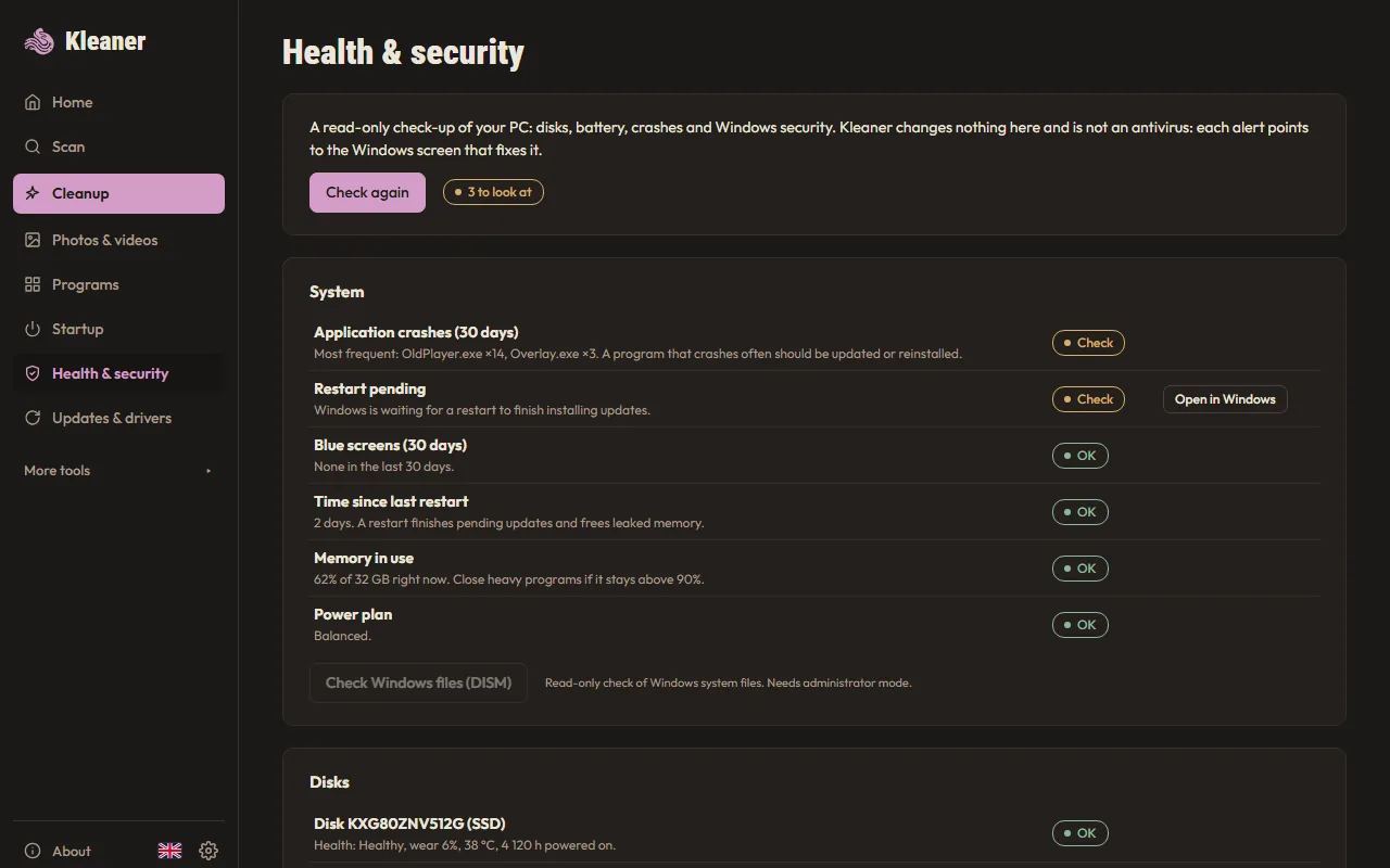 Kleaner — read-only health & security check-up