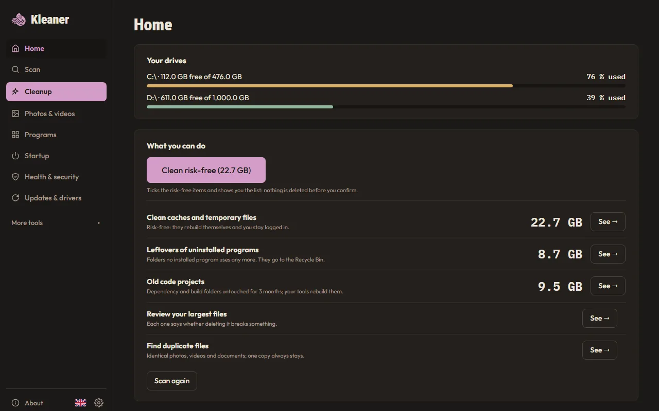 Kleaner — home: your drives and what you can free